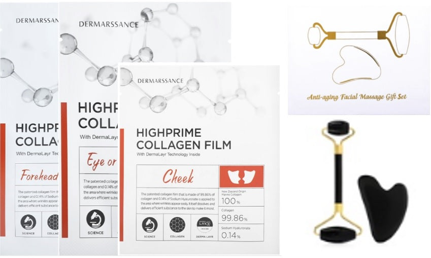 DERMARSSANCE HIGHPRIME COLLAGEN FILM SET & COZMO+-GUA SHA JADE ROLLER FCIAL MSGER KIT-BLACK