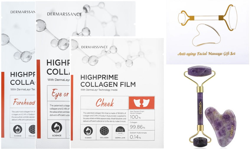 DERMARSSANCE HIGHPRIME COLLAGEN FILM SET & COZMO+-GUA SHA JADE ROLLER FCIAL MSGER KIT-PURPLE