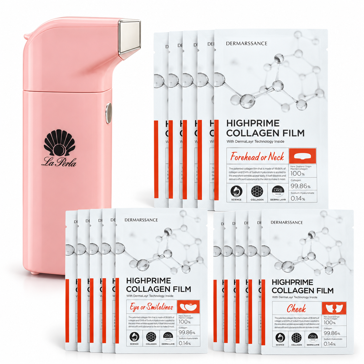 DERMARSSANCE HIGH PRIME COLLAGEN FLIM EYE-5PCS / CHEEK-5PCS / FOREHEAD-5PCS & FREE LA PERLA SET PINK