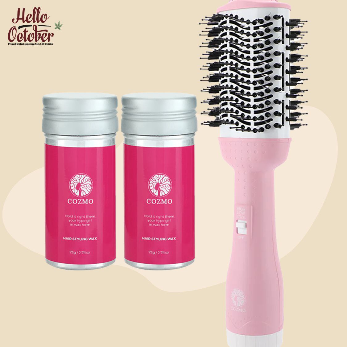 COZMO HAIR STYLING WAX 2 pcs + COZMO - HAIR DRYER BRUSH - PASTAL PINK